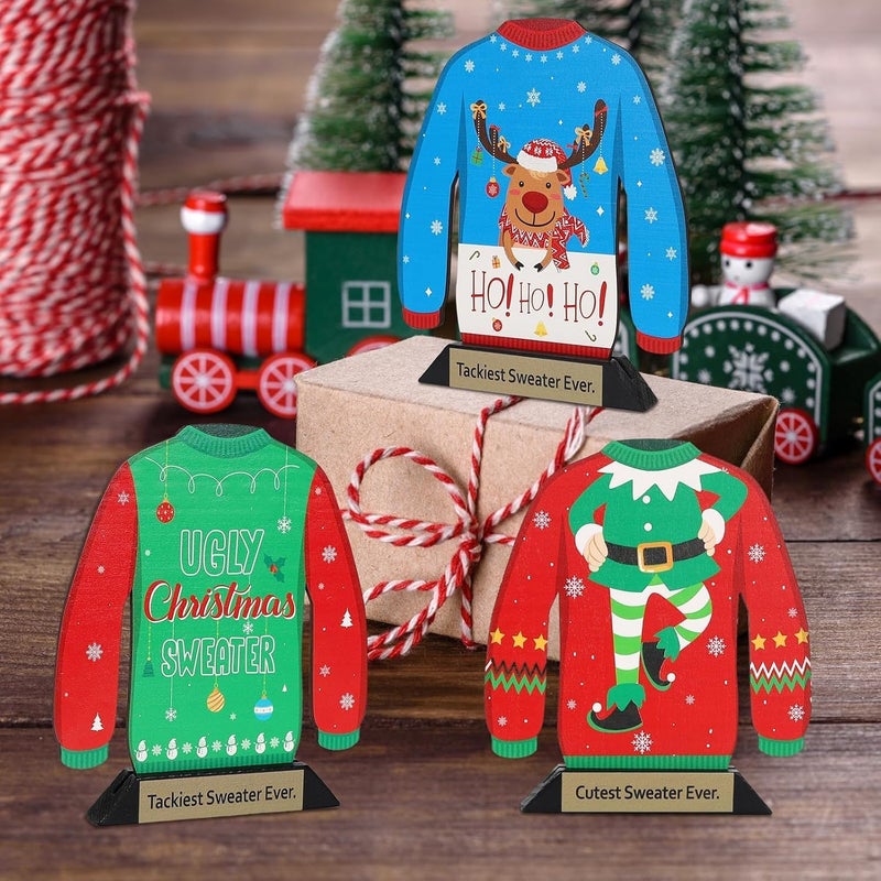 TTQ 3PCS Ugly Christmas Sweater Trophy Award, 6.2" Xmas Wooden Ugly Sweater Party Trophy,Funny Trophy Game Prizes for Adults - Image 4